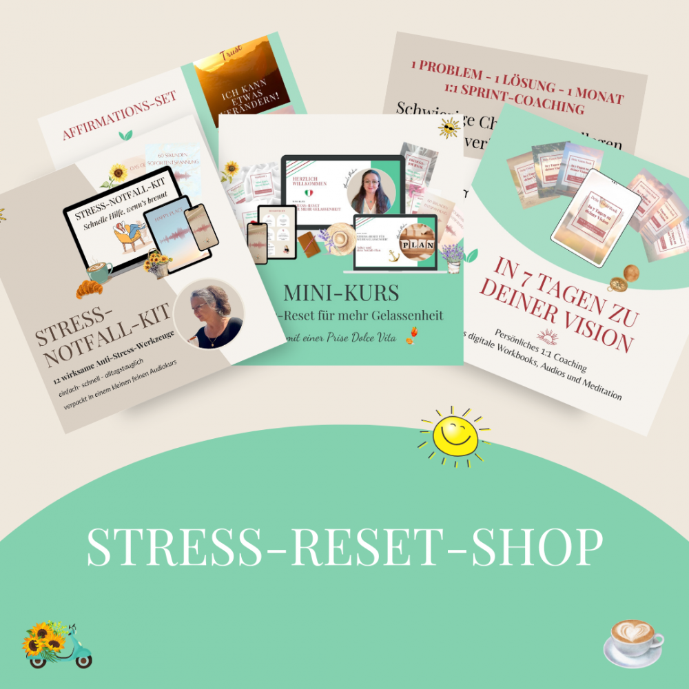 Mockup zu bildlichen Darstellung des Stress-Reset-Shops mit Cover-Fotos der einzelnen Kurse